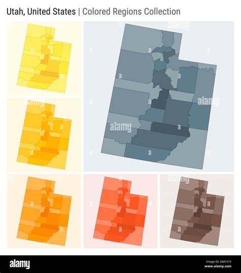 Utah, United States. Map collection. State shape. Colored counties. Blue Grey, Yellow, Amber ...