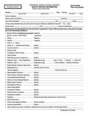 Fillable Online whs tusd Health History Info Form 2015 2016 draft.DOC ...