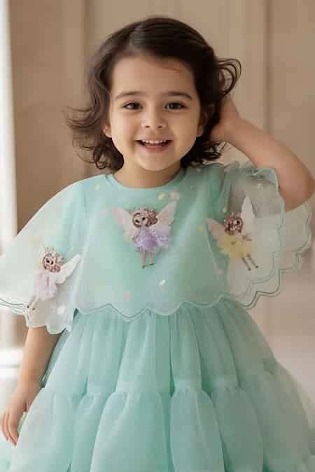 Buy Blue Net Applique, Sequins, Glitter Fairy Tiered Gown For Girls by ...