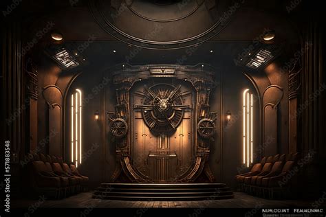 Dark sci-fi art deco victorian theater hall interior full of mechanical ...