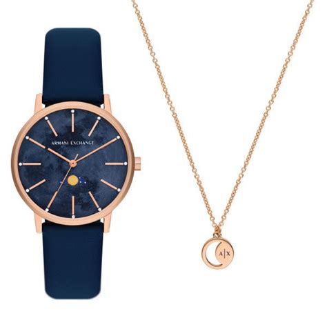 Armani Exchange Multifunction Moonphase Blue Leather Watch and Rose-To ...
