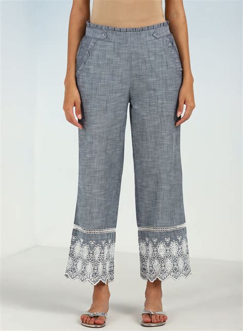 Buy Blue Pure Cotton Ankle-length Pants for Women with Detailing on the ...