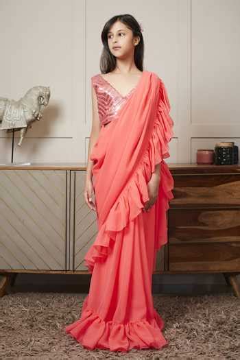 Buy Coral Georgette Sequins Pre-stitched Saree With Embroidered Blouse ...