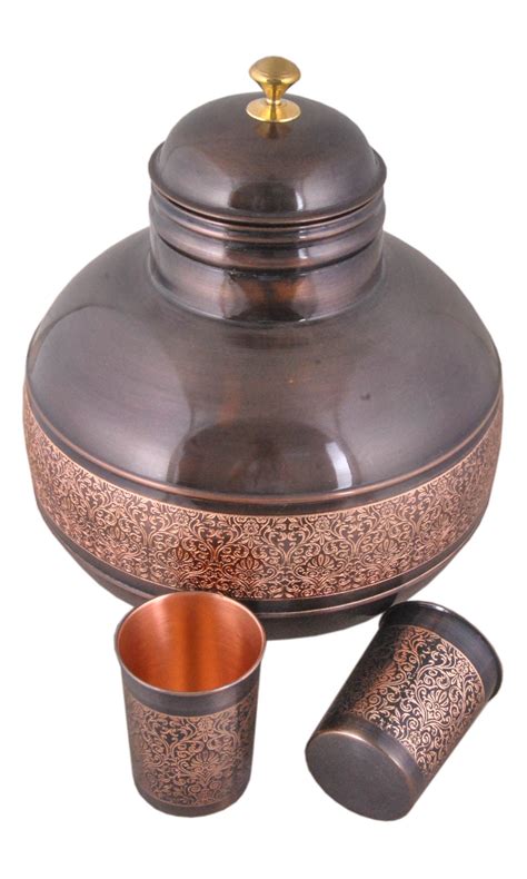 Copper Matka Pot Container Antique Eching Design with Lid and 2 Copper ...