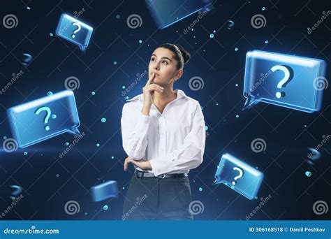 Curious Businesswoman With Question Marks, Thinking Pose Stock ...