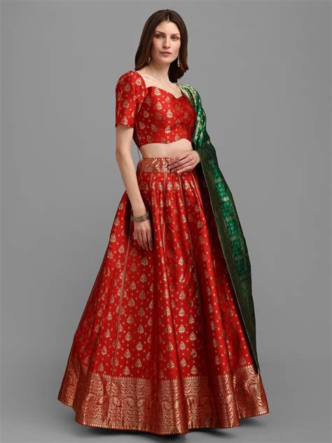 Purvaja Women Self Design Red Lehenga Choli