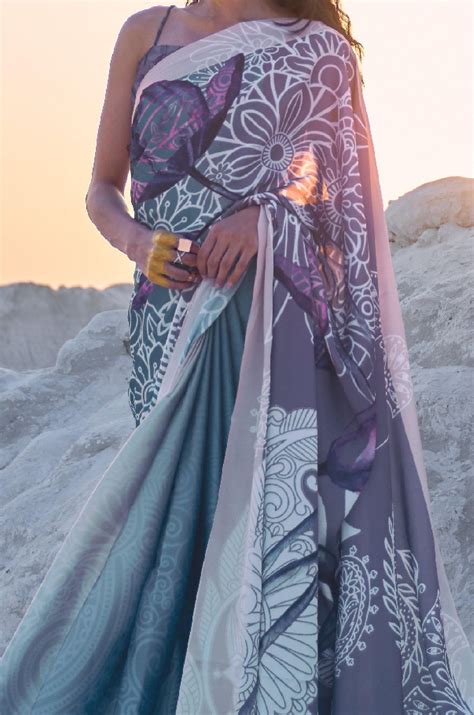 Dusty Grey Digital Print Satin Silk Saree – Label Aarna