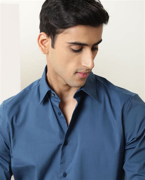 Rare Rabbit Men's Benedict Blue Cotton Plain Regular Fit Full Sleeve C