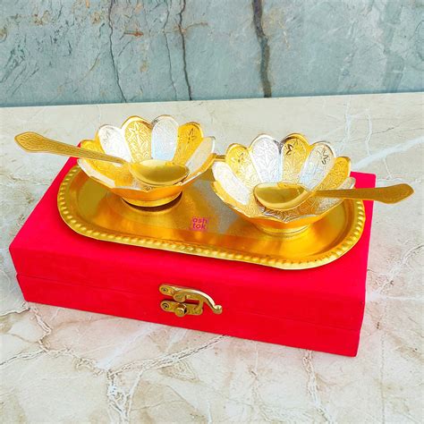 Gold and Silver Plated Dry Fruit Bowl, Brass Gift Bowl and Tray Set ...