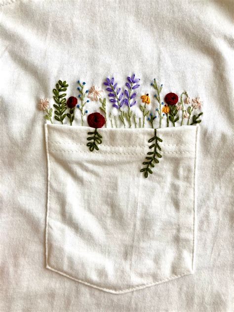 Hand Embroidered Floral White Pocket T-shirt, Wildflower Embroidered ...