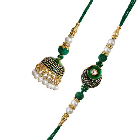 Green Meenakari Work Bhaiya Bhabhi Rakhi set and Roli Chawal Pack ...
