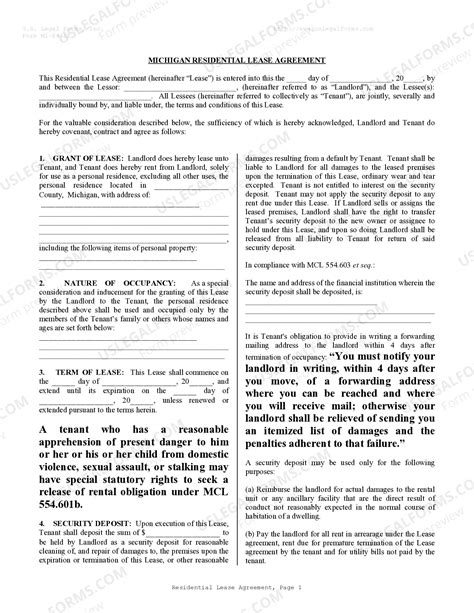 Michigan Residential Lease Agreement Format | US Legal Forms