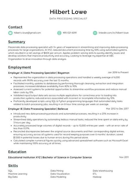 Image result for Data Processing Resume Examples