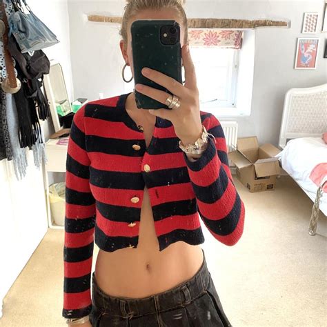 zara black and red stripe cardigan gold buttons... - Depop