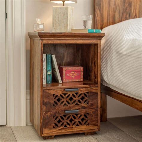 FURNIZY Sheesham Wood Storage Bedside Table with 2 Drawers for Bedroom ...