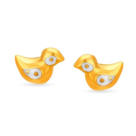 Adorable 22 Karat Gold And Enamel Bird-Shaped Studs