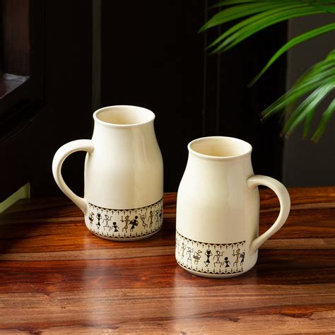 'Whispers of Warli' Handcrafted Ceramic Beer Mugs (Set of 2, 430 ML, M ...