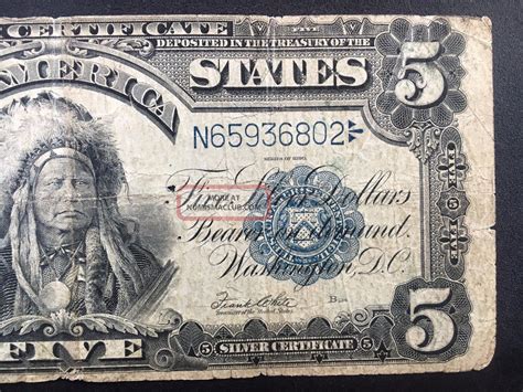 United States 1899 $5 Five Dollar Silver Certificate Indian Chief