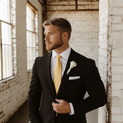 Classic Groom Style - Black Suit with Yellow Boutonniere | Yellow and ...