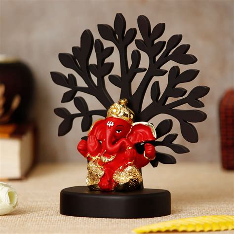 Gold Plated Orange Dhoti Ganesha Decorative Showpiece with Wooden Tree ...