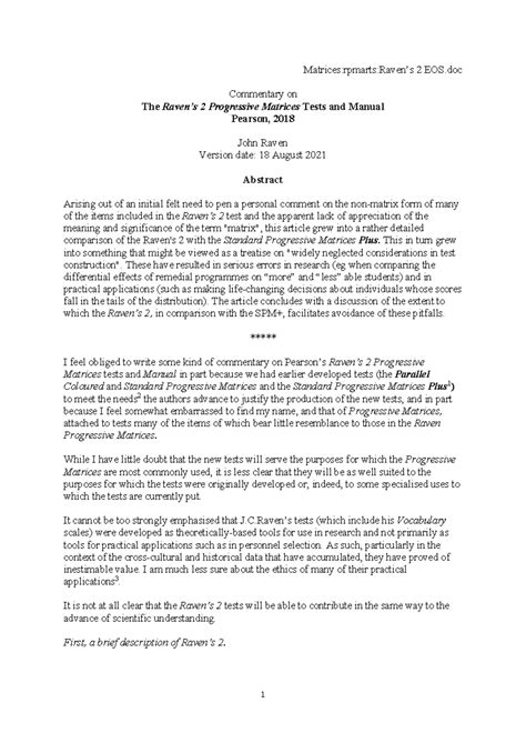 Ravens-2-EOS: Commentary on the 2 Progressive Matrices Tests - Studocu