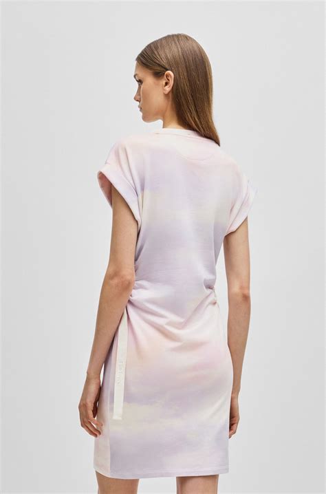 BOSS - T-shirt dress in patterned stretch cotton with branded drawcords ...