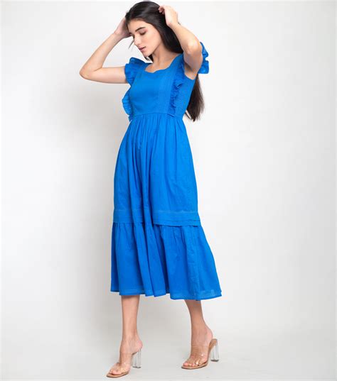 Royal Blue Cotton Midi Dress with Smocking & Stitch Line – Canvas