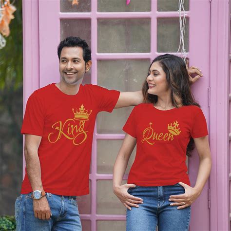 King and Queen Couple T-Shirts in Red - Stubborne.in