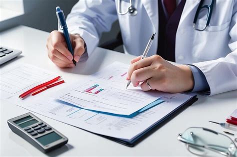 Blood test medicine documents and hands in laboratory for healthcare ...