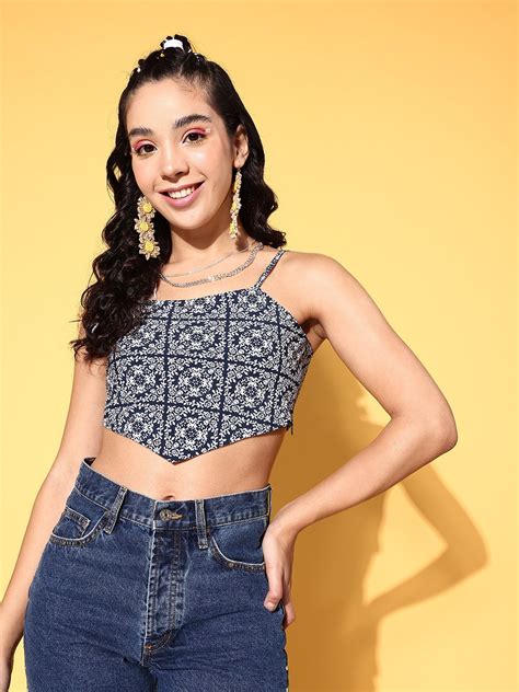 Berrylush Women Navy Blue & White Ethnic Printed Square Neck Crepe Cro