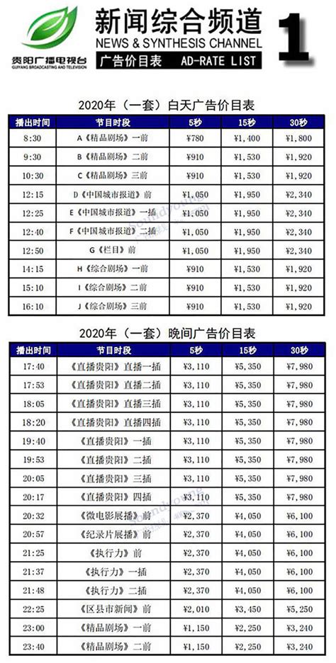 贵阳电视台一套新闻综合频道2020年广告价格