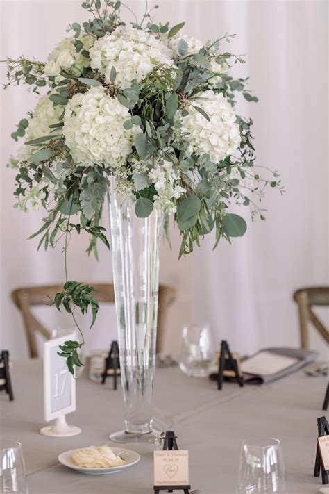 Pilsner Vase with White Hydrangea, Eucalyptus, Dusty Miller | Flower ...