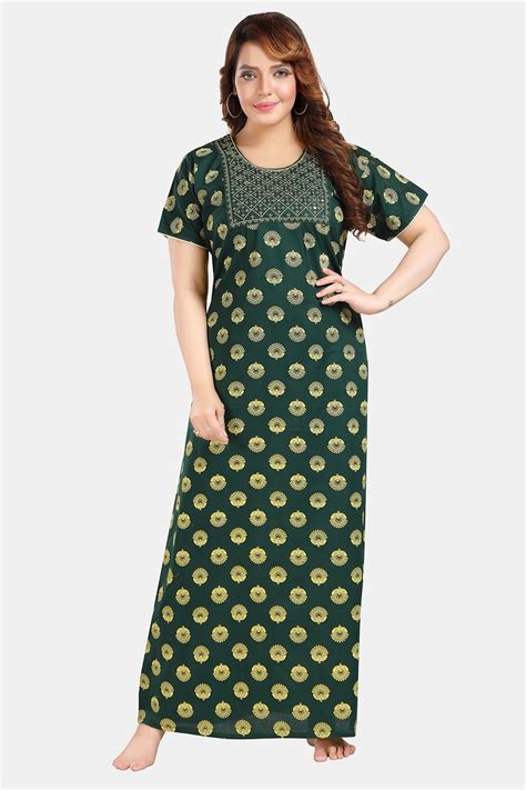 Fabme Women's Dark Green Mirror Work Cotton Full Length EveryDay Night