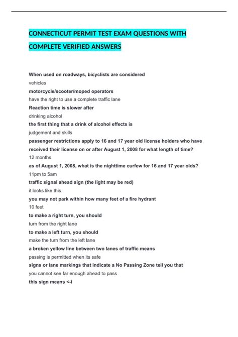 CONNECTICUT PERMIT TEST EXAM QUESTIONS WITH COMPLETE VERIFIED ANSWERS ...