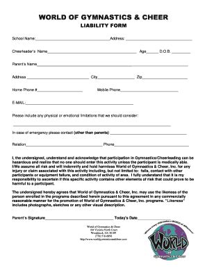 Fillable Online School Cheer Waiver - World of Gymnastics and Cheer Fax ...