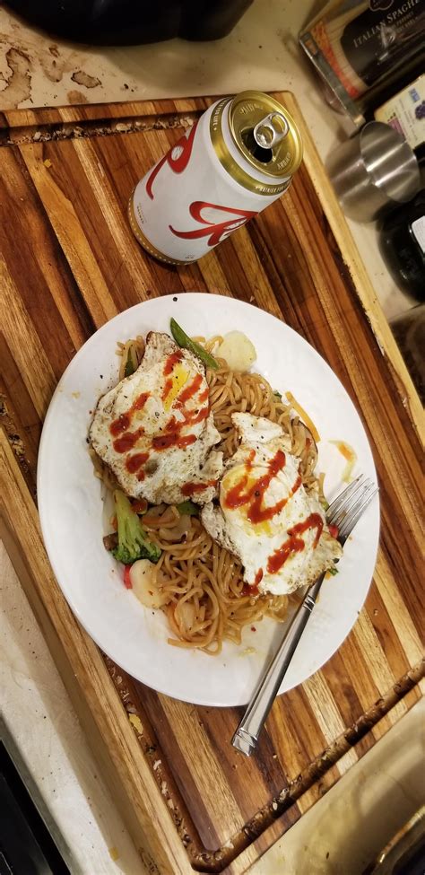 Costco Yakisoba, Fried Eggs, Yellowbird Blue Agave Sriracha, Black ...