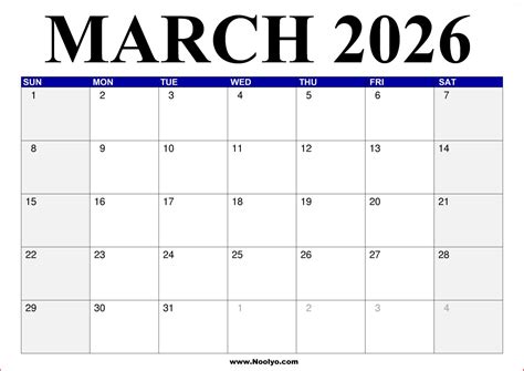 March 2026 Calendar Printable with Holidays – Noolyo.com