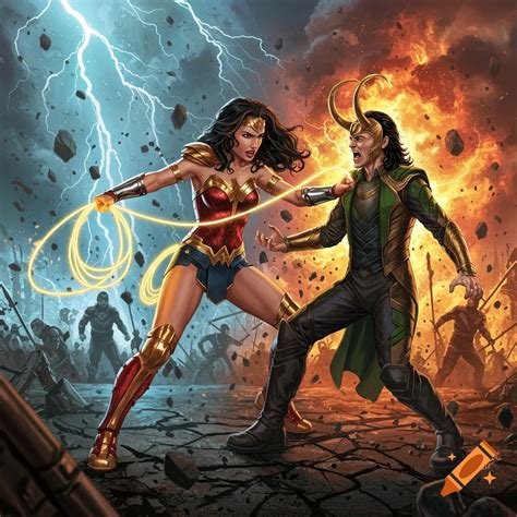 Wonder Woman battles Loki on a chaotic battlefield, capturing him with ...