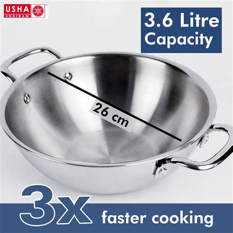 USHA SHRIRAM Triply Stainless Steel Kadai with Lid (2.2L) & Non Stick ...
