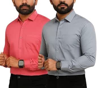 Men s Solid Slim Fit Shirts (Pack of 2 Grey & Pink) Premium Combo for ...