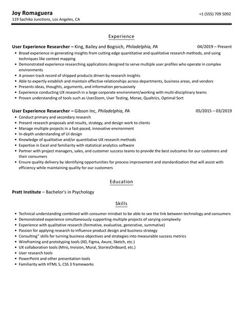 User Experience Researcher Resume Samples | Velvet Jobs