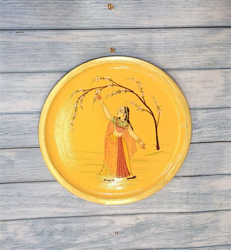 Wooden Pichwai Painting Wall Plate Hand Painted Standing Women Yellow ...