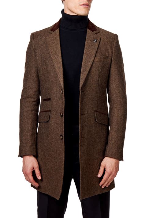 Mens Herringbone Long Overcoat Wool Tailored Mid Length Brown Jacket ...