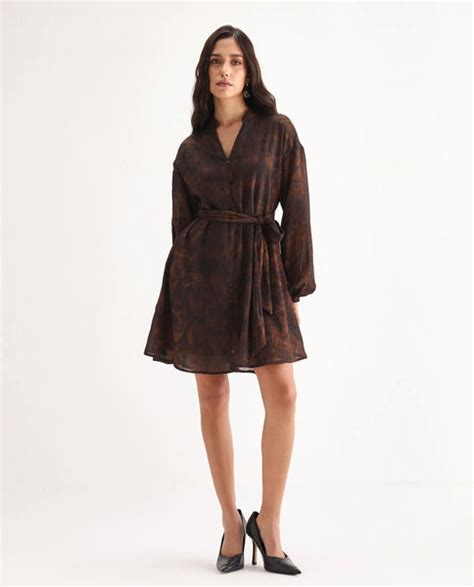 Rareism Women's Jemti Brown Polyester Mandarin Collar Flared Printed D