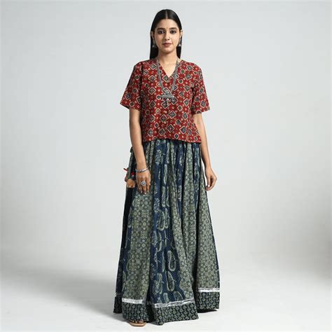 Blue Ajrakh Block Printed 24 Kali Patchwork Cotton Long Skirt