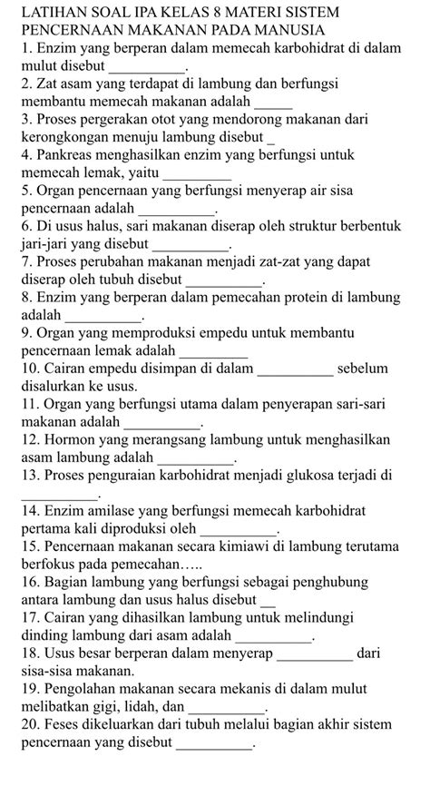 Solved: LATIHAN SOAL IPA KELAS 8 MATERI SISTEM PENCERNAAN MAKANAN PADA ...