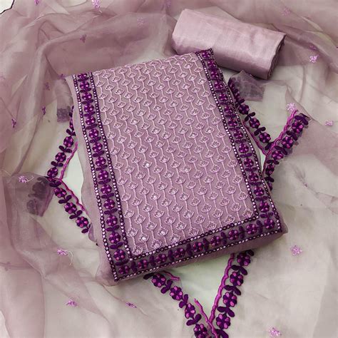 Mauve Sequins Embroidered Organza Dress Material