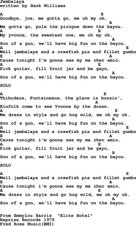 Emmylou Harris song: Jambalaya, lyrics and chords