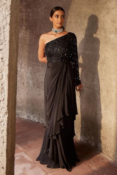 Buy Black Organza, Crepe, Linen Crystals, Husna Utsav One Shoulder ...