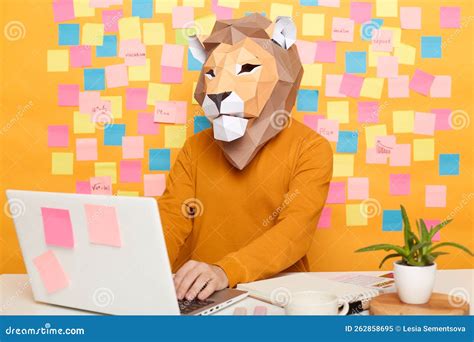 Indoor Shot of Anonymous Man in Lion Mask Wearing Orange Sweater ...